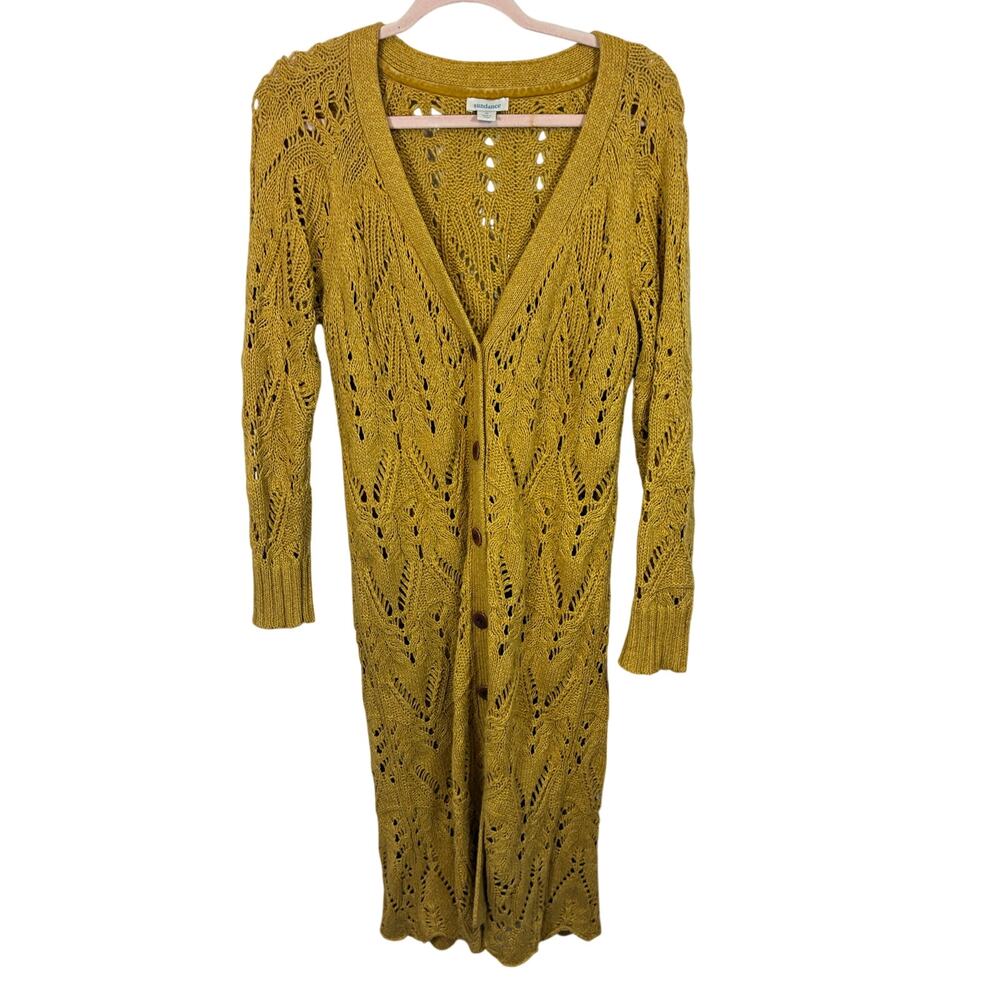 Sundance Autumn Light Silk Blend Pointelle Duster Cardigan Mustard Longline M - Picture 2 of 6